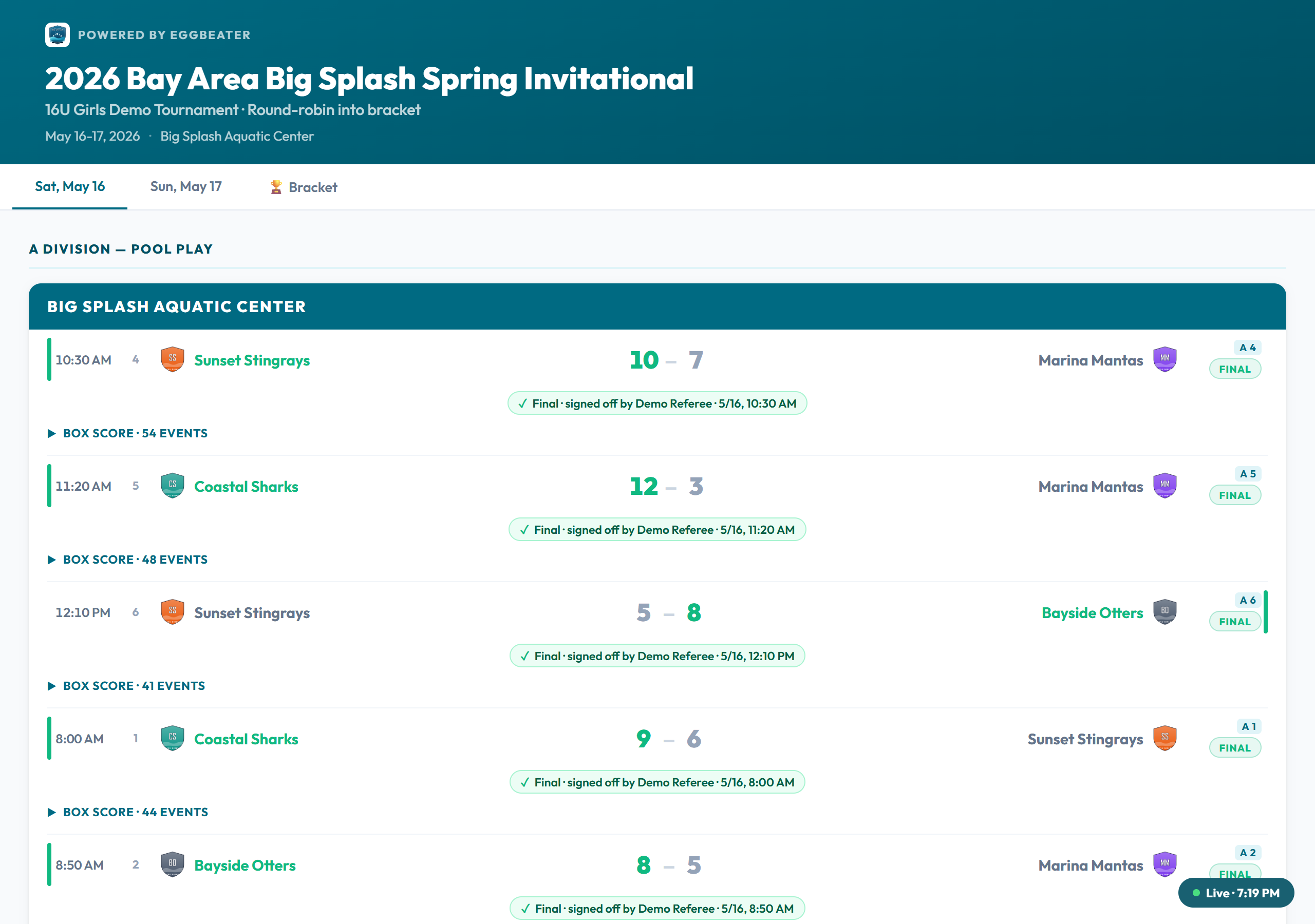 Public tournament page with live water polo scores and box scores