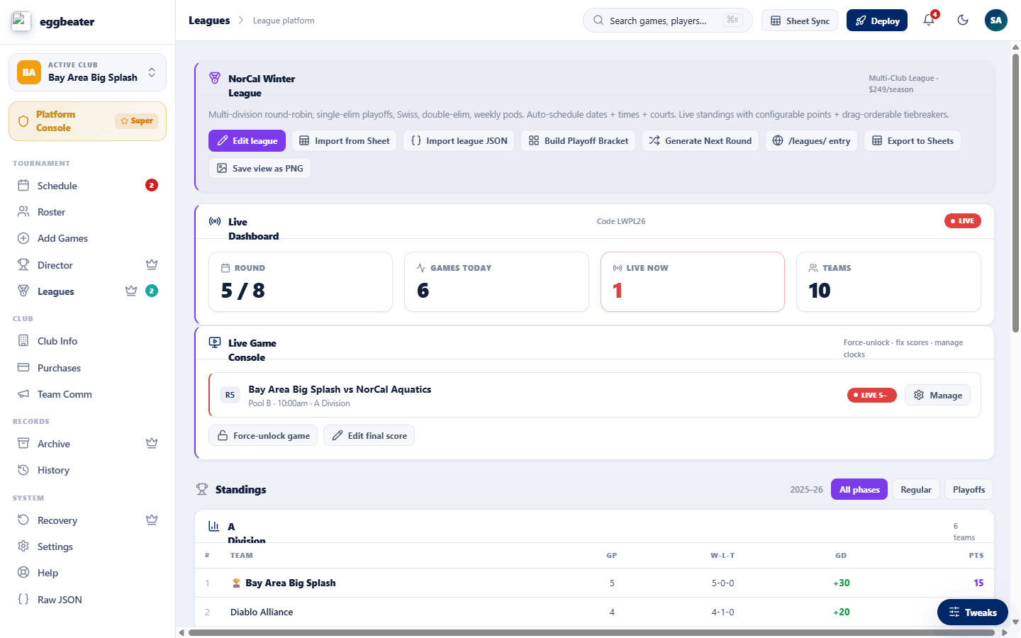 Eggbeater league dashboard — standings, live dashboard and schedule